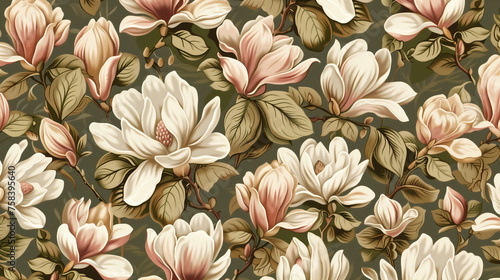 watercolor pattern magnolia flowers  white and pink magnolia vintage pattern on the brown background