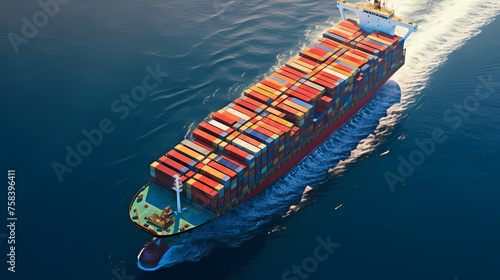 A large container ship carries colorful containers in the ocean