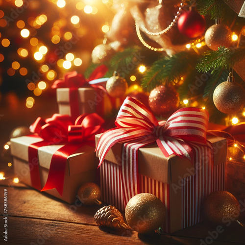 Stack Pile of Lovely Beautifully Packed Christmas Gift Present Accessories Gifts with Toys Tied with Ribbon Underneath Bokeh Lit Christmas Tree with Balls, Baubles, & Sparkling Lights. Red, Green Gold