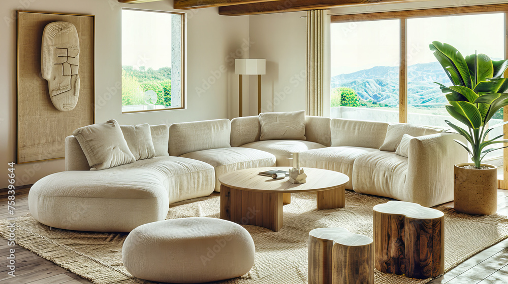 Contemporary Living Room with Modern Furniture, White Sofa, and Wooden Accents in Luxurious Apartment Contemporary Living Room with Modern Furniture, White Sofa, and Wooden Accents in Luxurious Apartment