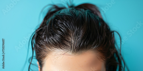 Close shot of greasy hair problem on brunette hair