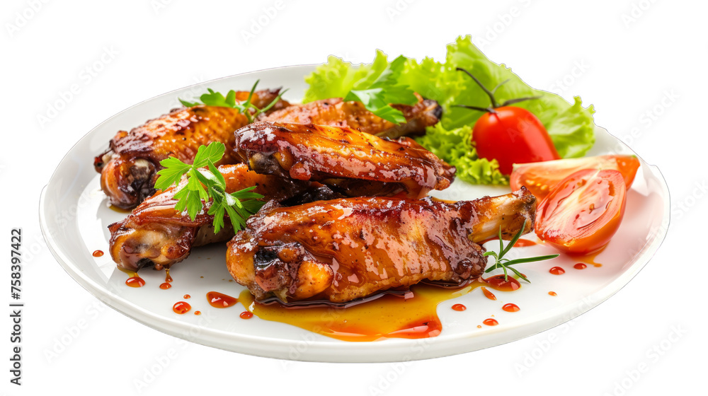 Honey Mustard Wings on a plate isolated on transparent png background. Generative ai Honey Mustard Wings on a plate isolated on transparent png background. Generative ai