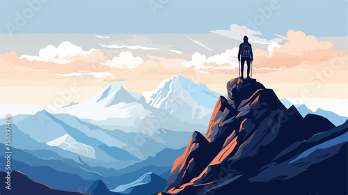 A hiker reaching the top of a mountain with breatht