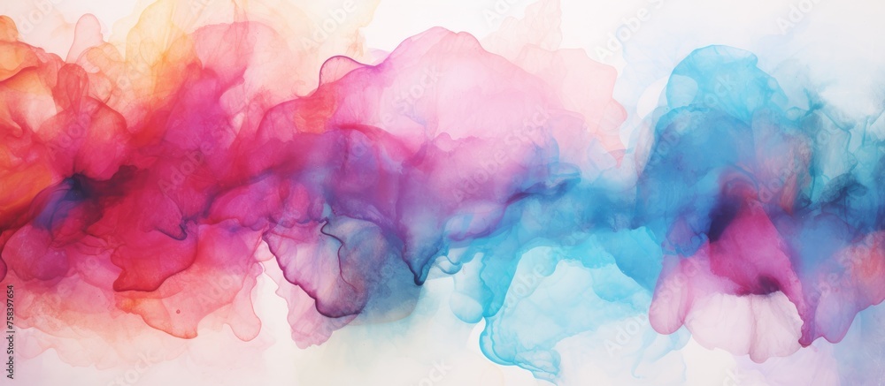A close up of vibrant clouds of pink, purple, magenta, and violet smoke swirling on a white background, resembling a sky painted with colorful petals