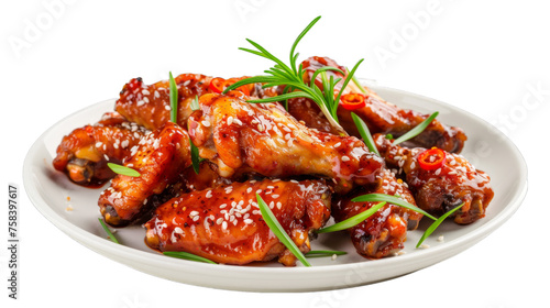 Korean BBQ Wings on a plate isolated on transparent png background. Generative ai 
