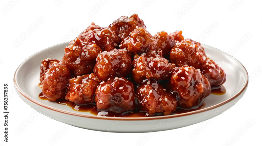 General Tsos Chicken on a plate isolated on transparent png background. Generative ai General Tsos Chicken on a plate isolated on transparent png background. Generative ai
