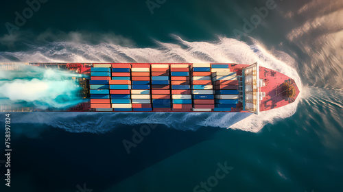 A large container ship carries colorful containers in the ocean