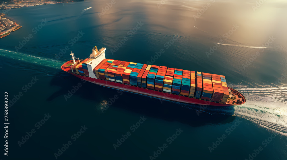 A large container ship carries colorful containers in the ocean - obrazy, fototapety, plakaty 