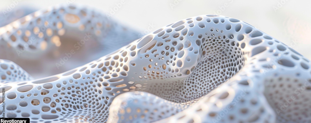 Up close, a white object displays evenly-spaced holes, each contributing to the intricate pattern and texture that mesmerize the observer. Banner. Copy space. Up close, a white object displays evenly-spaced holes, each contributing to the intricate pattern and texture that mesmerize the observer. Banner. Copy space.
