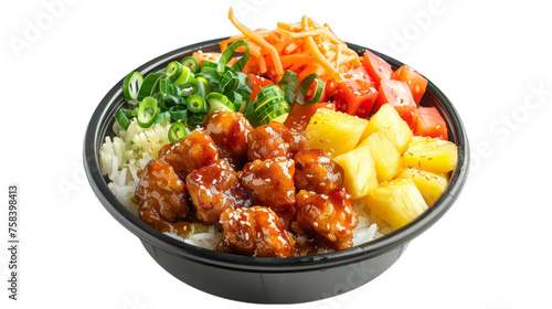 Hawaiian Pineapple Chicken Rice Bowl isolated on transparent png background. Generative ai 