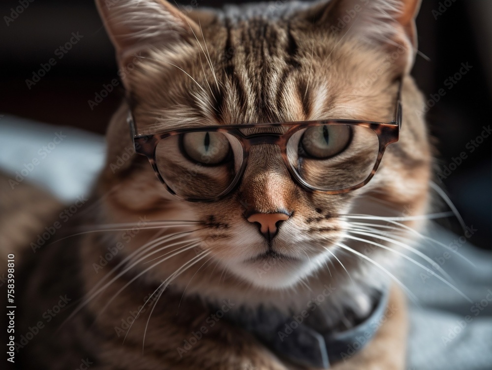 Domestic tabby cat wearing reading glasses looks at the camera. Smart cat close-up. Smart pet concept. Portrait of a cute cat with glasses. Wise animal