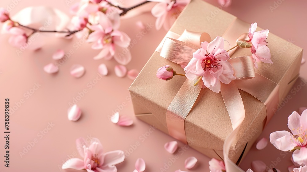 Cardboard gift box decorated with ribbon and flowers. Romantic present for love date. Design for wedding invitation and print card Cardboard gift box decorated with ribbon and flowers. Romantic present for love date. Design for wedding invitation and print card