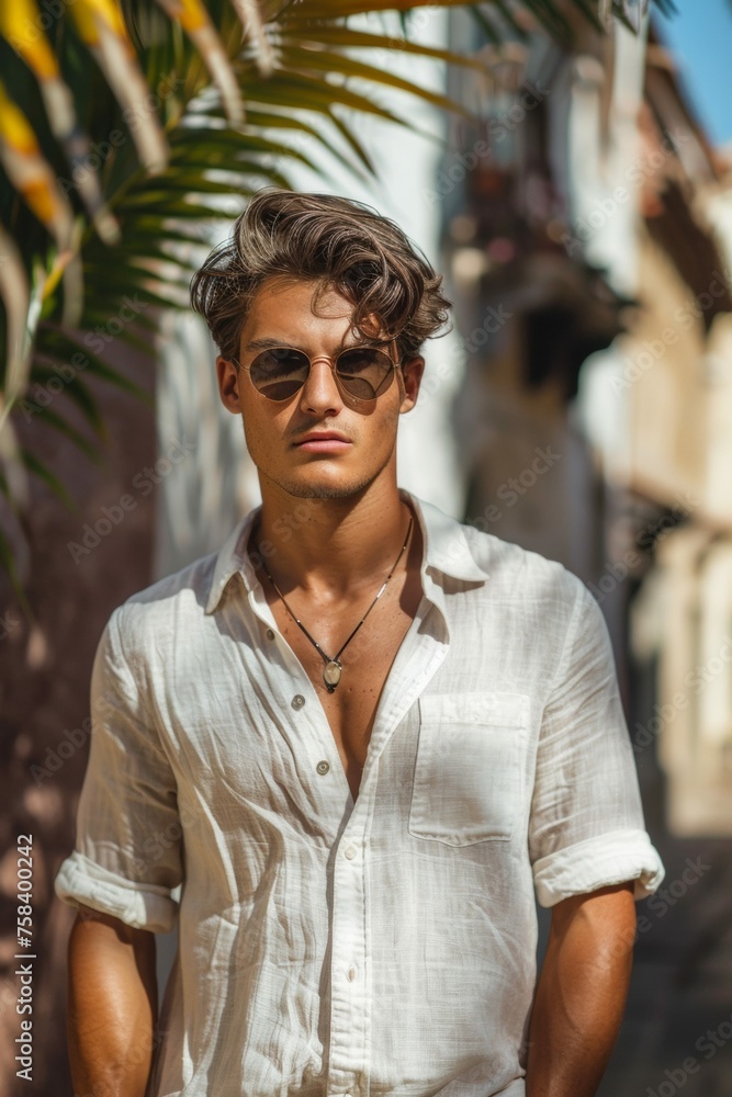 Male model fashion shoot, wearing a linen shirt, summer style Male model fashion shoot, wearing a linen shirt, summer style