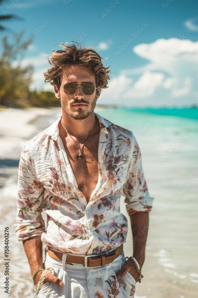 Male model sporting flowery shirt and pants summer fashion look