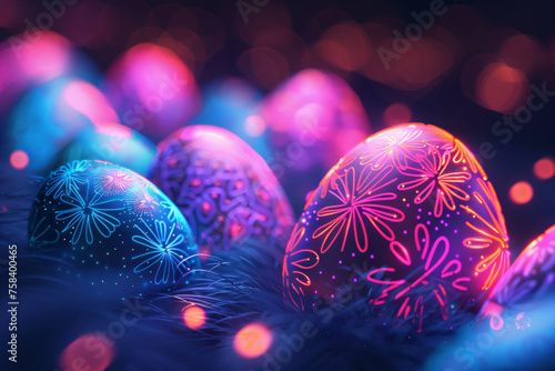 Colorful glowing neon Easter eggs hiding on the grass. Spring christianity religion holiday. Futuristic modern concept. Festive design for greeting card, banner, poster with copy space