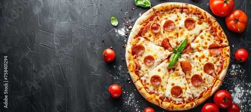 Rustic italian pizza on black background with tomato, cheese, and space for text