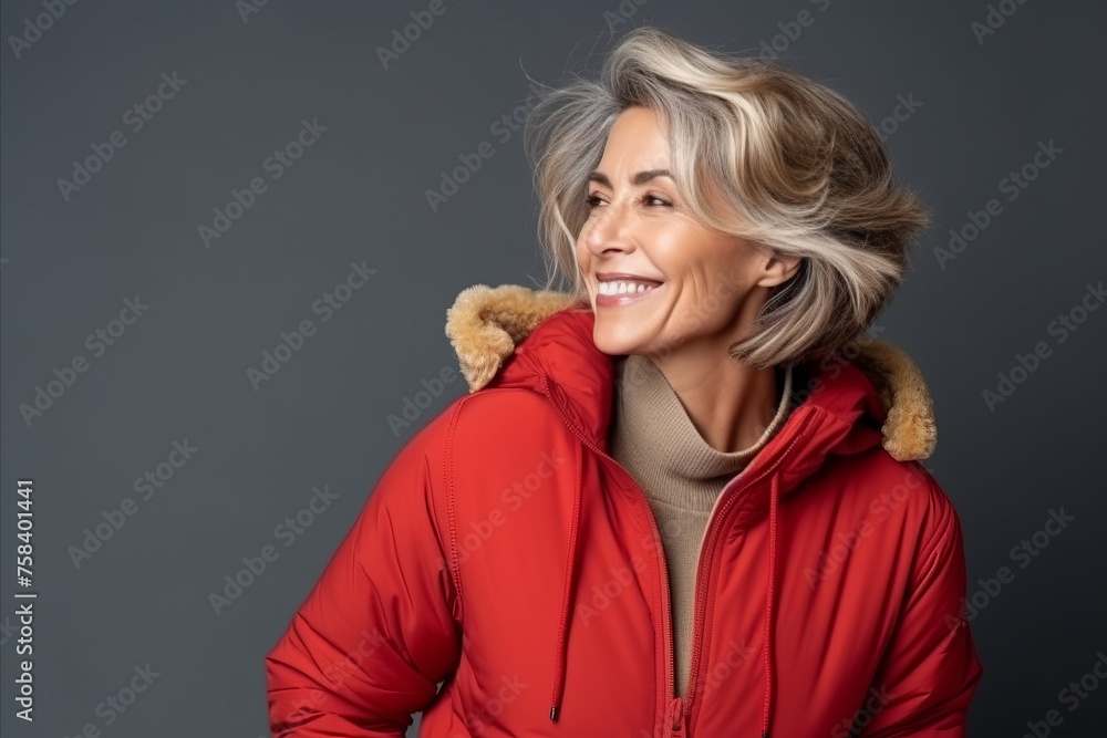 Portrait of a happy senior woman in winter jacket over grey background Portrait of a happy senior woman in winter jacket over grey background