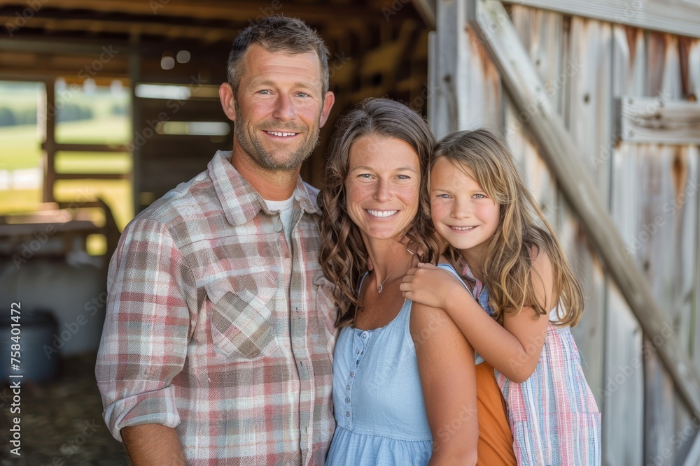 Happy Family Enjoying Time Together at Rustic Farmhouse, Smiling Parents and Child Embracing Outside Wooden Barn Happy Family Enjoying Time Together at Rustic Farmhouse, Smiling Parents and Child Embracing Outside Wooden Barn