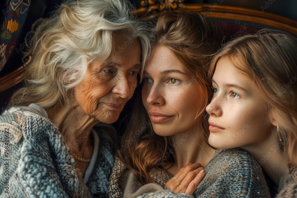 Intergenerational Family Portrait Featuring Elderly Grandmother and Young Female Descendants Embracing Tenderly Intergenerational Family Portrait Featuring Elderly Grandmother and Young Female Descendants Embracing Tenderly