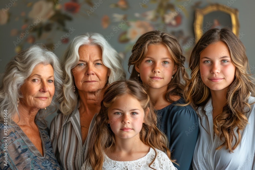 Multi-Generational Female Family Portrait, Grandmother to Granddaughters in Soft Indoor Light