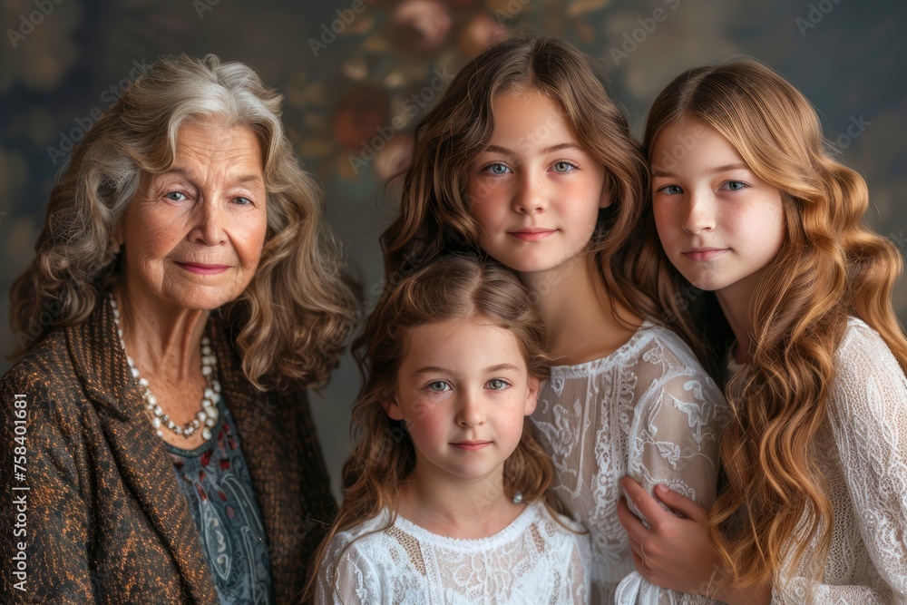 Elegant Multi-Generational Female Family Members Posing Together in Classical Portrait Style Elegant Multi-Generational Female Family Members Posing Together in Classical Portrait Style