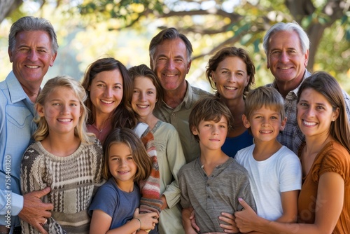 Happy Multi-Generational Family Gathering Outdoors in Sunlit Garden, Smiling and Embracing, Generational Bonding, Joyful Relatives Group Portrait