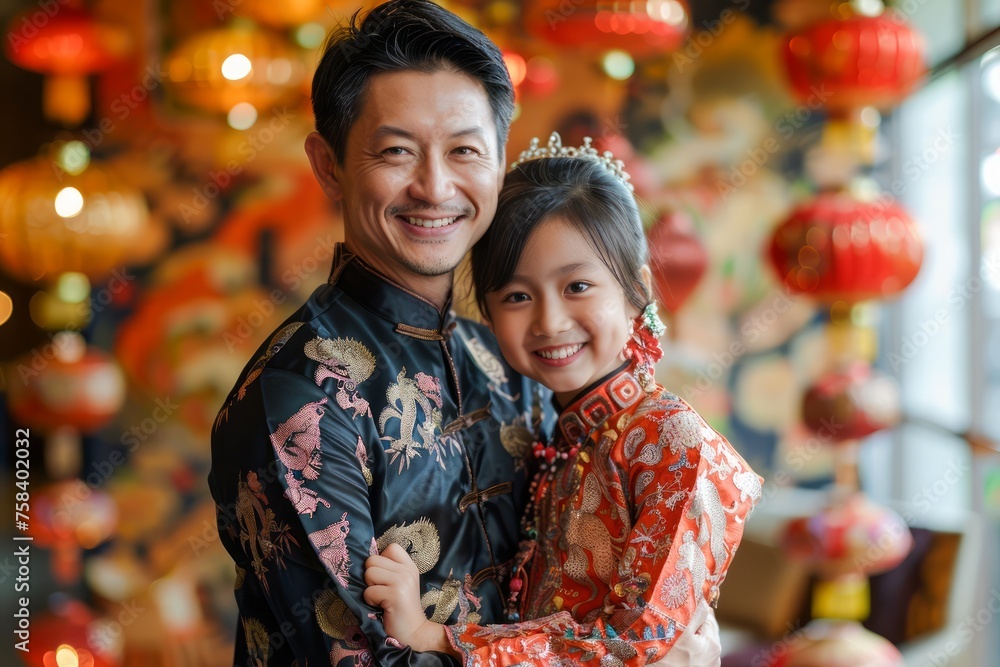 Festive Portrait of Smiling Father and Daughter in Traditional Chinese Outfits Surrounded by Red Lanterns