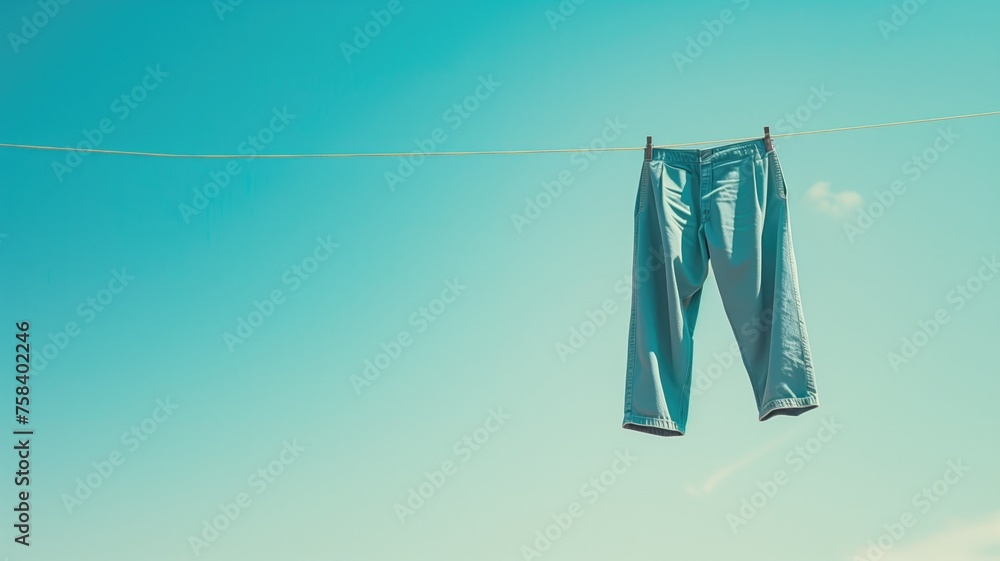 A pair of blue jeans hang freely on a clothesline against a clear blue sky A pair of blue jeans hang freely on a clothesline against a clear blue sky