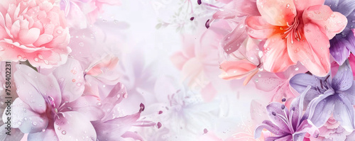 Close-up showcases a pink and purple flower against a stark white backdrop, highlighting the petals' vibrant hues in sharp, crisp focus. Banner. Copy space.
