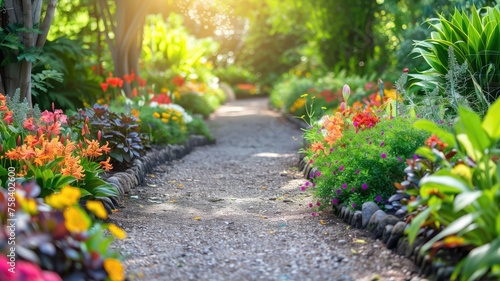 A vibrant flower-lined garden path basked in sunlight
