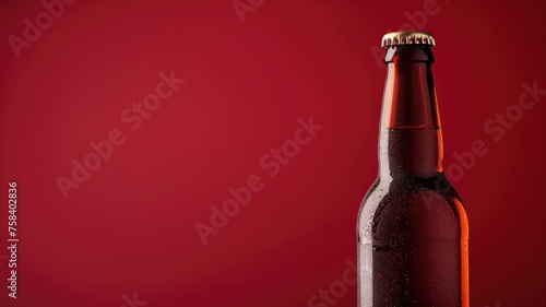 A dew-covered beer bottle stands against a vivid red backdrop, invoking feelings of refreshment and anticipation