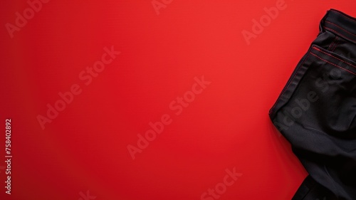 A striking red background with a corner of black jeans, offering a bold contrast