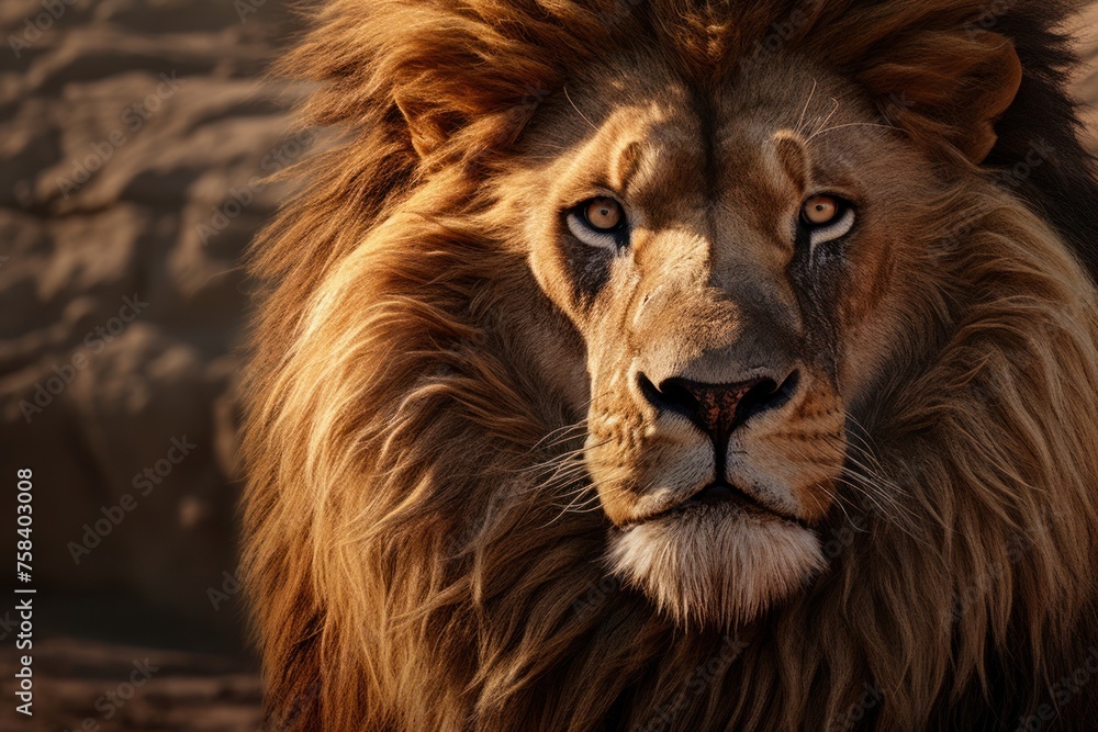 Fototapeta premium Close up portrait of big male lion staying on stones background. Concept of wild animals in natural habitat.