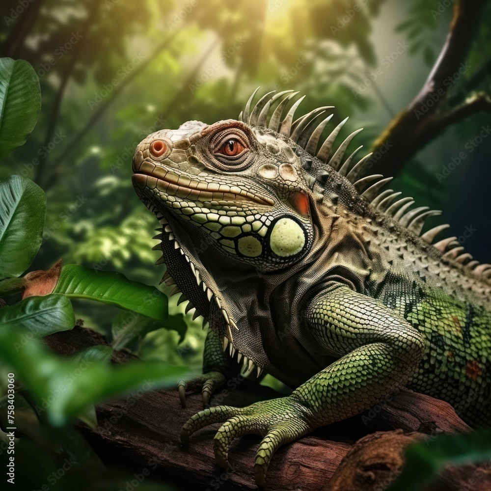 A green iguana sitting on a branch in the rainforest, jungle. Concept of wild animals in natural habitat.