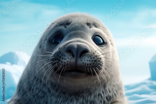 Close up of a seal, looking at the camera, Arctic ice on a background. Concept of wild animals in natural habitat.