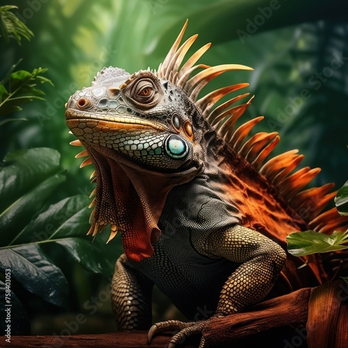 A green iguana sitting on a branch in the rainforest  jungle. Concept of wild animals in natural habitat.