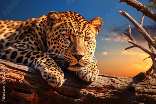 Leopard on a rest shot at sunset background. Concept of wild animals in natural habitat. © Наиля Якубова