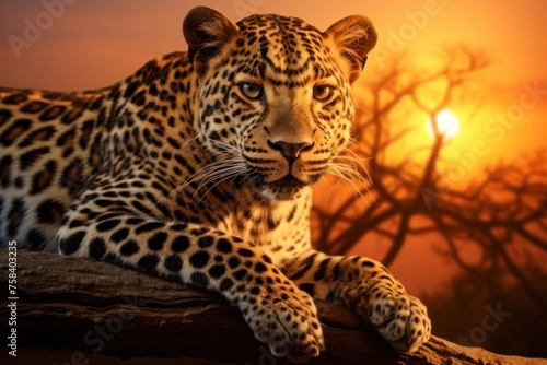 Close up portrait of a Leopard rest on at sunset savanna. Concept of wild animals in natural habitat. © Наиля Якубова