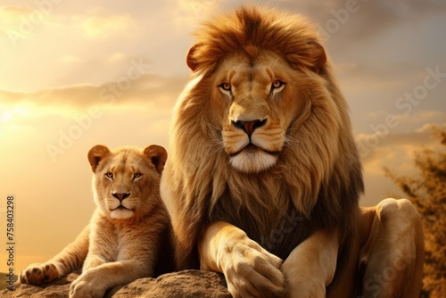 Portrait of a lion family of a male lion with his cub. Concept of wild animals in natural habitat.