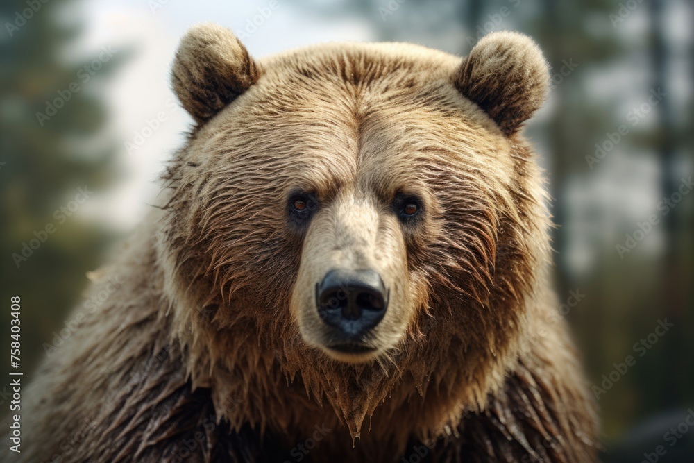 Fototapeta premium A close up portrait of a brown bear (Ursus arctos) outdoor wild nature on a background. Concept of wild animals in natural habitat.