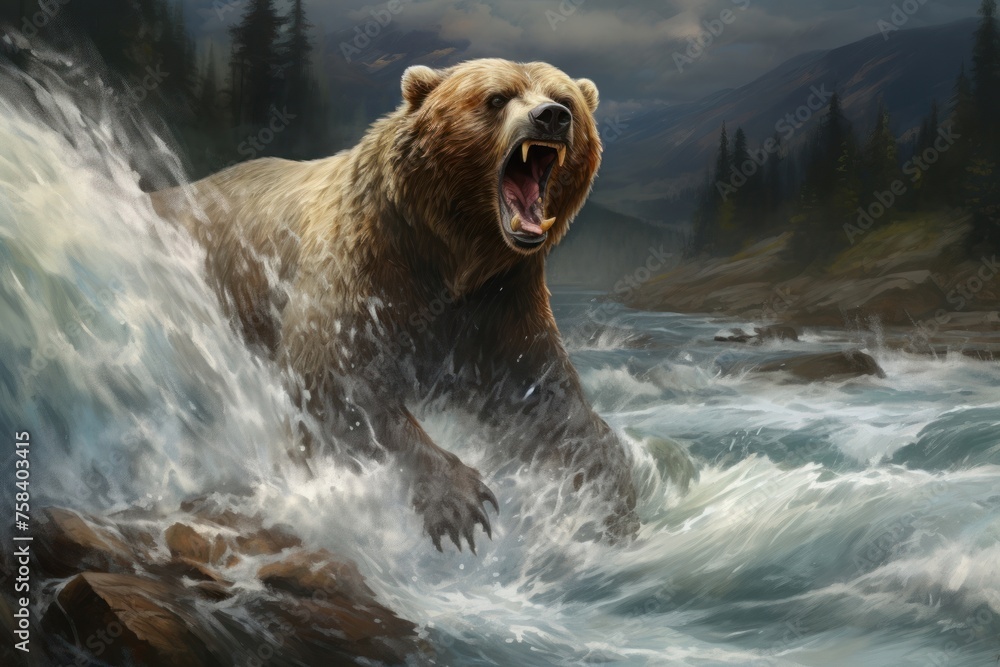 Fototapeta premium An aggressive wild brown bear (Ursus arctos) roars while standing in the rough waters of a mountain river. Concept of wild animals in natural habitat.