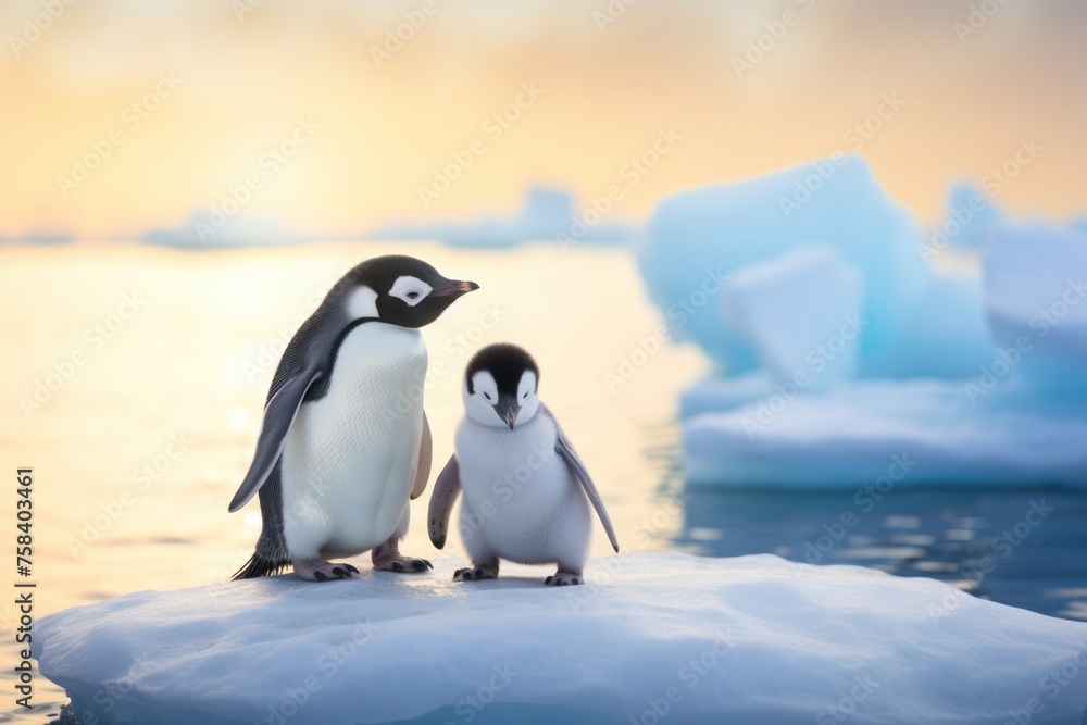 Fototapeta premium Two penguins adult and baby stand against the background of sunrise in Antarctic ice. Concept of wild animals in natural habitat.
