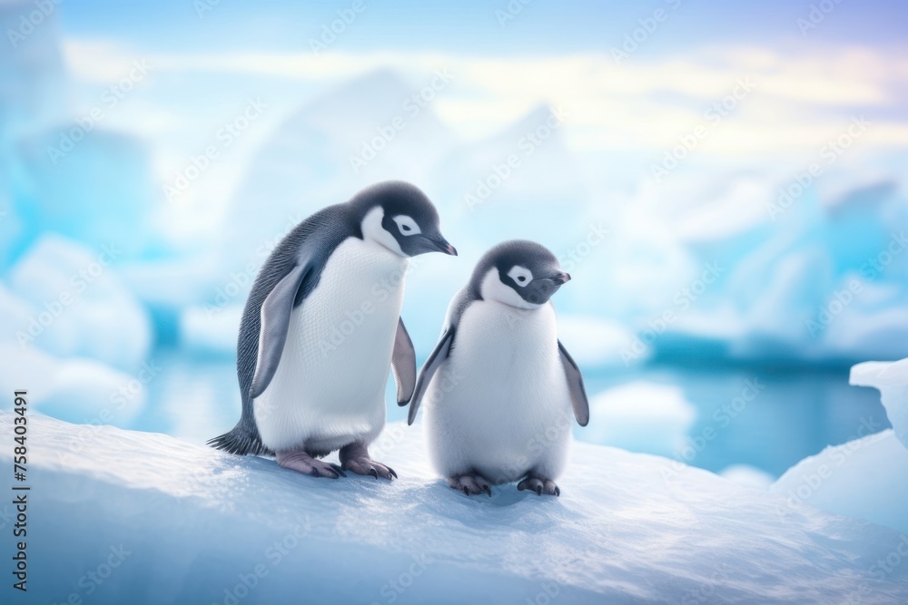 Fototapeta premium Two young penguins stand against the background of Antarctic ice. Concept of wild animals in natural habitat.