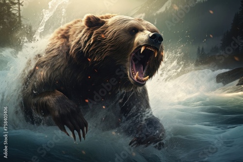 An aggressive wild brown bear growls while standing in the rough waters of a mountain river. Concept of wild animals in natural habitat.