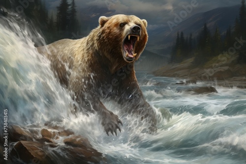 An aggressive wild brown bear (Ursus arctos) roars while standing in the rough waters of a mountain river. Concept of wild animals in natural habitat.
