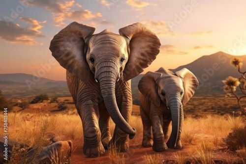 African Elephant with his baby are walking down the road on savanna background. Concept of wild animals in natural habitat. © Наиля Якубова