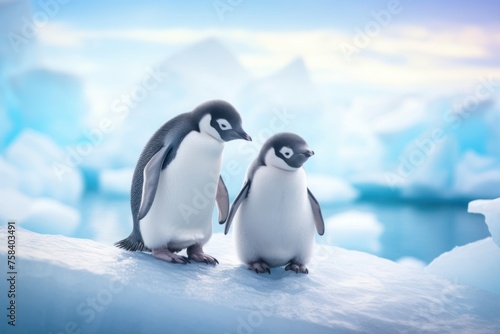 Two young penguins stand against the background of Antarctic ice. Concept of wild animals in natural habitat.