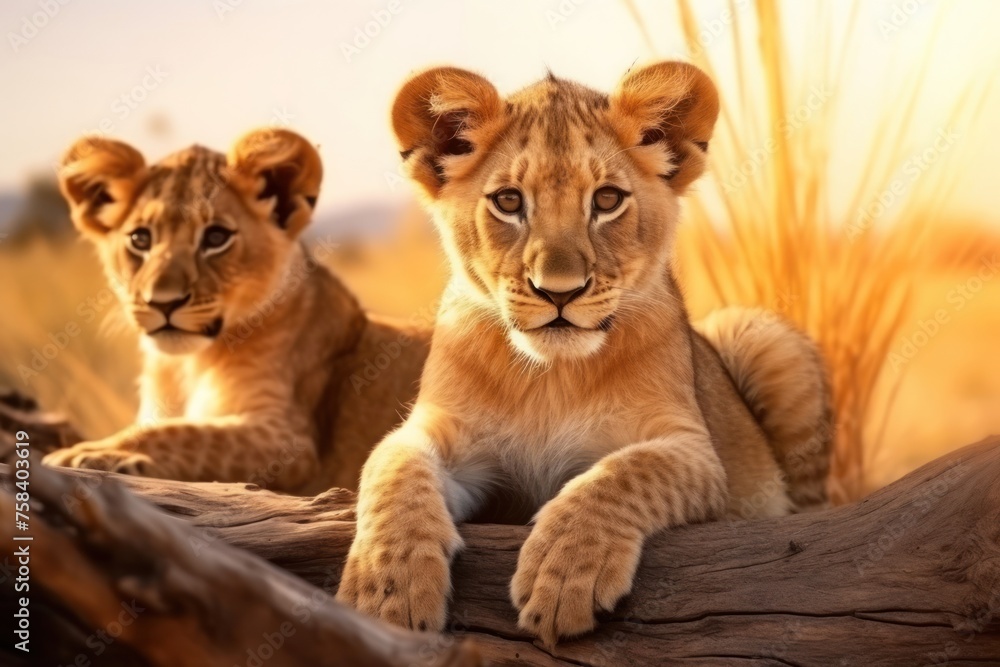 Two lion cubs on the background of the savanna at golden hour. Concept of wild animals in natural habitat.