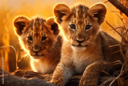 Portrait of two lion cubs on the background of the savanna at golden hour. Concept of wild animals in natural habitat.