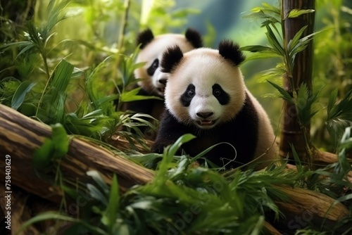 Two panda  Ailuropoda melanoleuca  cubs eating bamboo in the natural habitat.